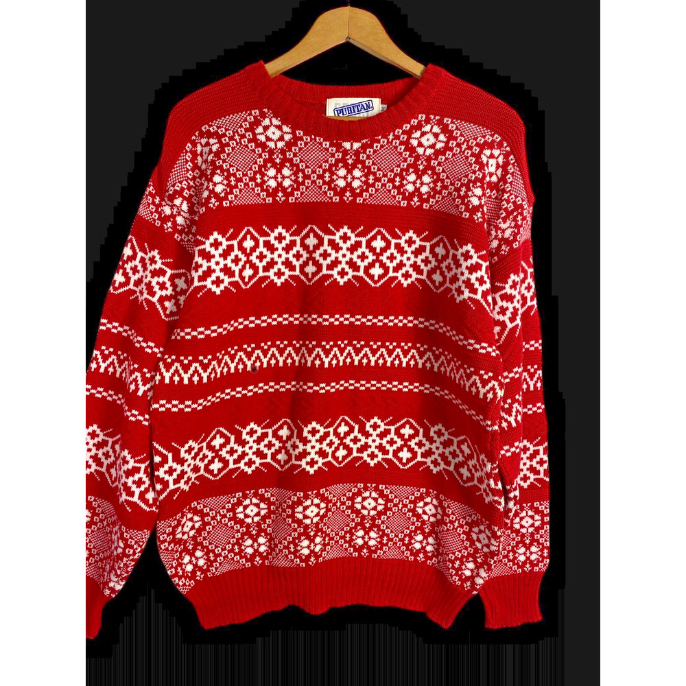Vintage Puritan Sweater Size M Nordic Fair Isle All Over Red White Print Ski
